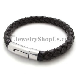 Bracelet Tendance En Cuir Marron Et Titane