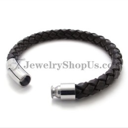 Bracelet Tendance En Cuir Marron Et Titane