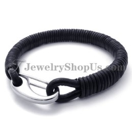 Bracelet Tendance En Cuir Noir Et Titane