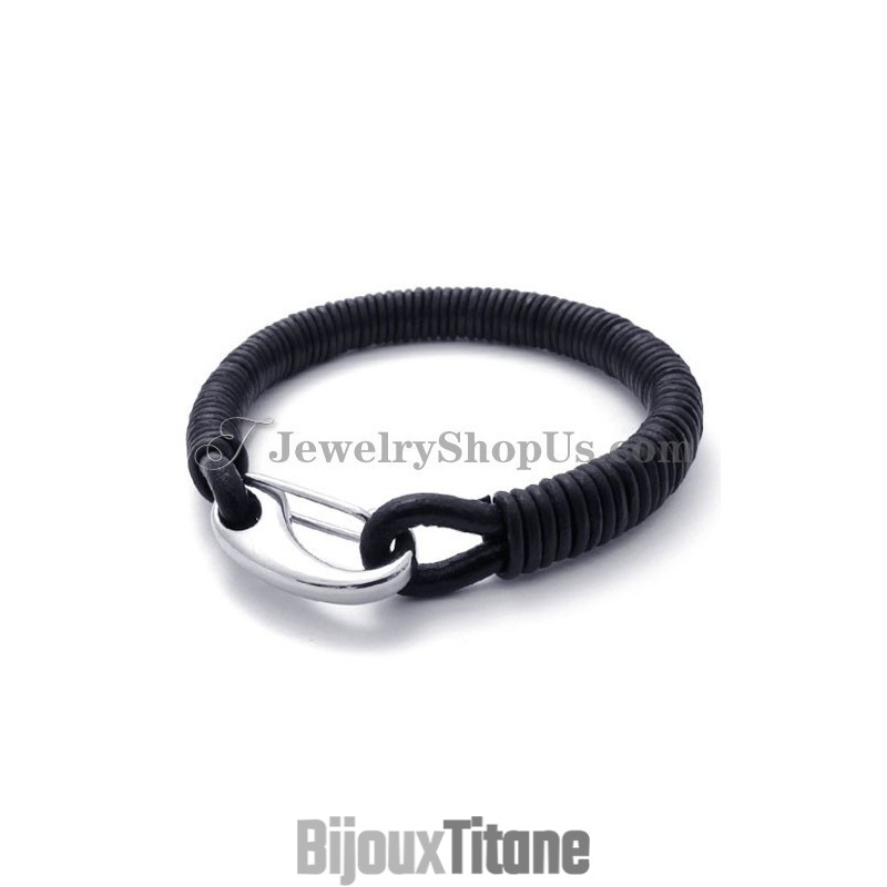 Bracelet Tendance En Cuir Noir Et Titane Bracelet Tendance En Cuir Noir Et Titane