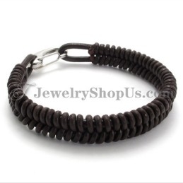 Superbe Bracelet Marron En Titane Et Cuir