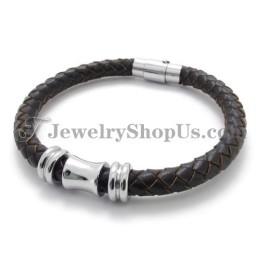 Bracelet Élégant En Cuir Marron Et Titane