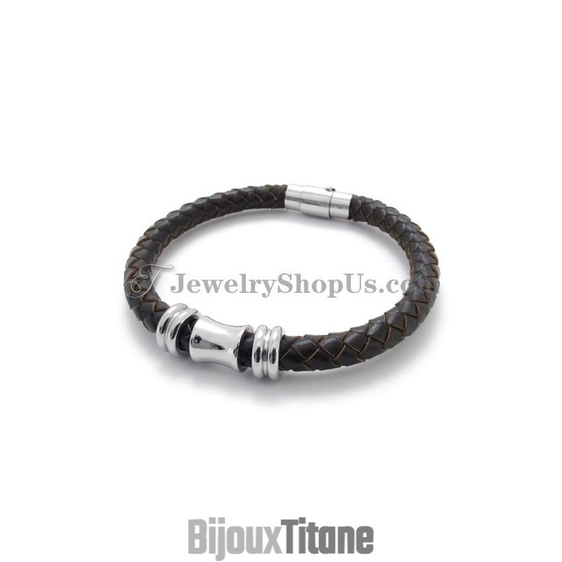 Bracelet Élégant En Cuir Marron Et Titane Bracelet Élégant En Cuir Marron Et Titane