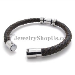 Bracelet Élégant En Cuir Marron Et Titane