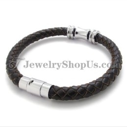Bracelet Élégant En Cuir Marron Et Titane