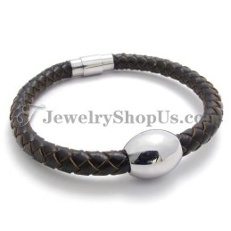 Superbe Bracelet En Cuir Marron Et Titane