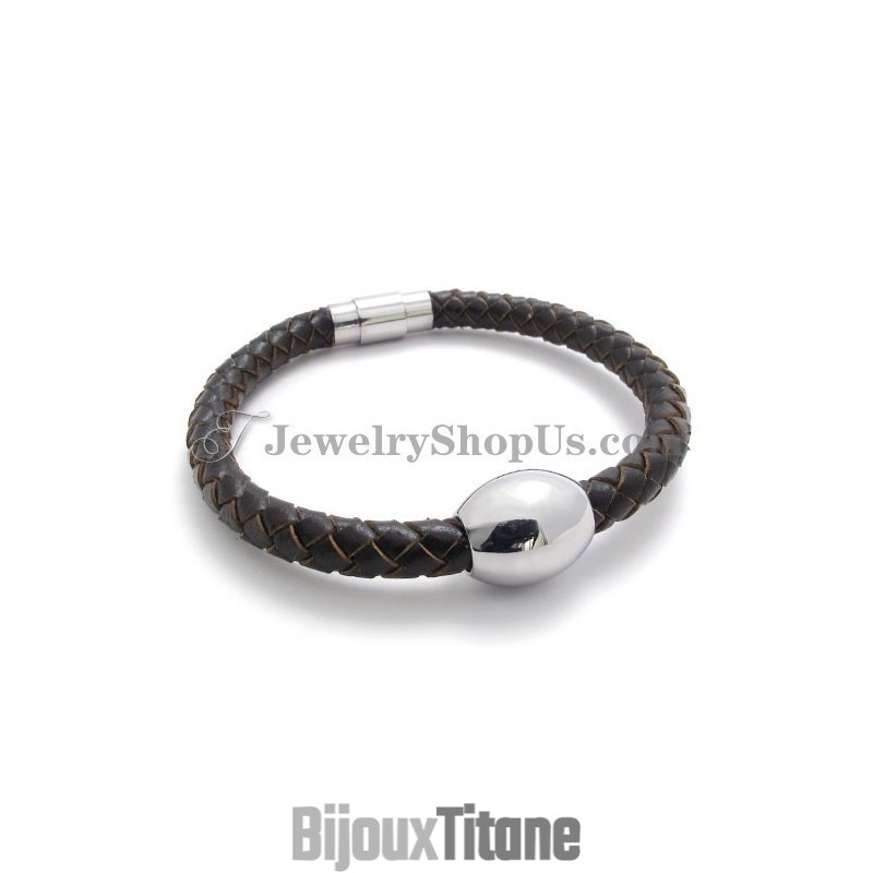 Superbe Bracelet En Cuir Marron Et Titane