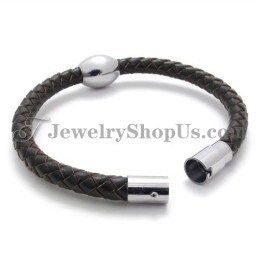 Superbe Bracelet En Cuir Marron Et Titane