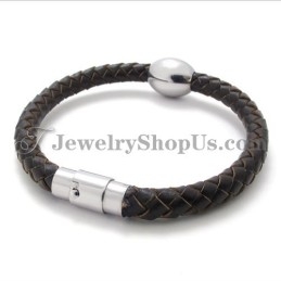 Superbe Bracelet En Cuir Marron Et Titane