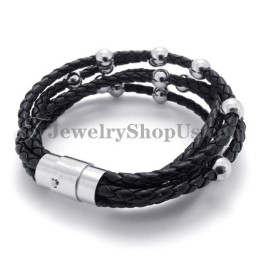 Bracelet Tendance En Cuir Noir Avec Titane