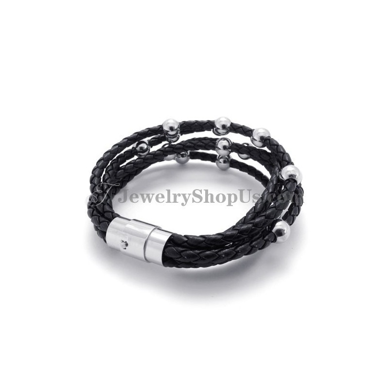 Bracelet Tendance En Cuir Noir Avec Titane
