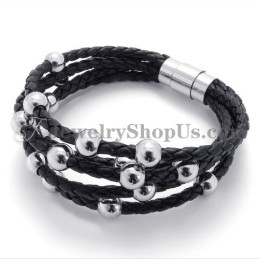 Bracelet Tendance En Cuir Noir Avec Titane