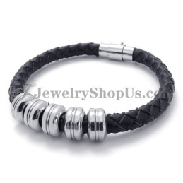 Bracelet Tendance En Cuir Noir Et Titane