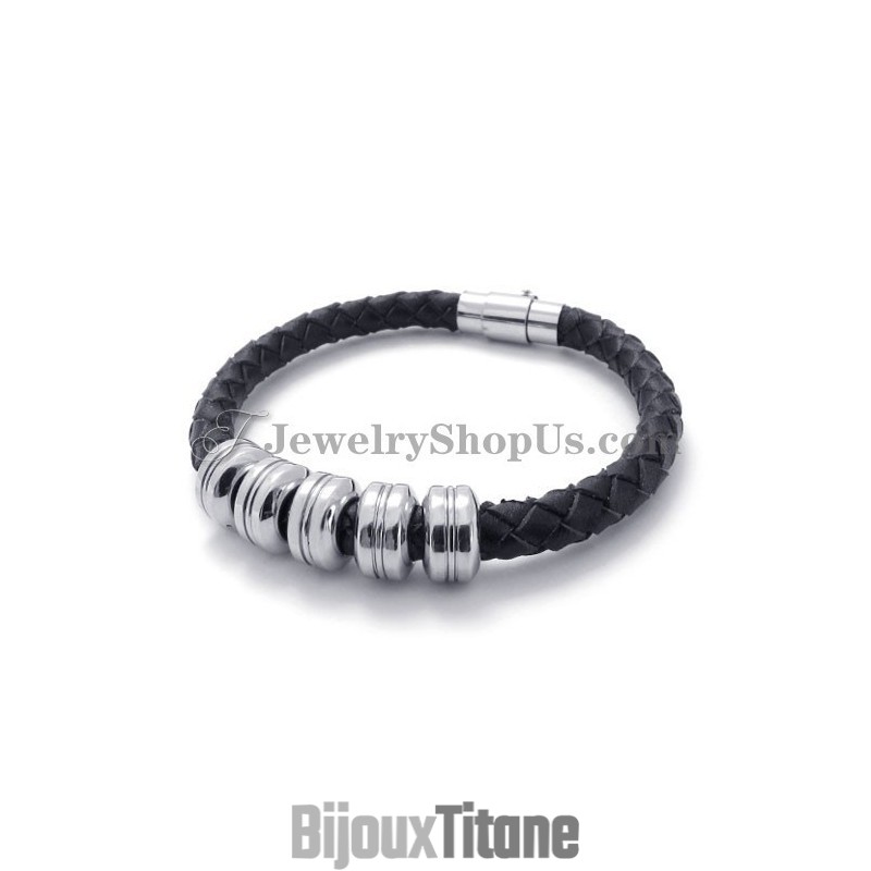 Bracelet Tendance En Cuir Noir Et Titane