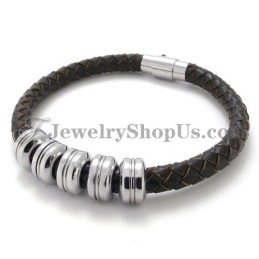Bracelet Élégant En Cuir Noir Et Titane