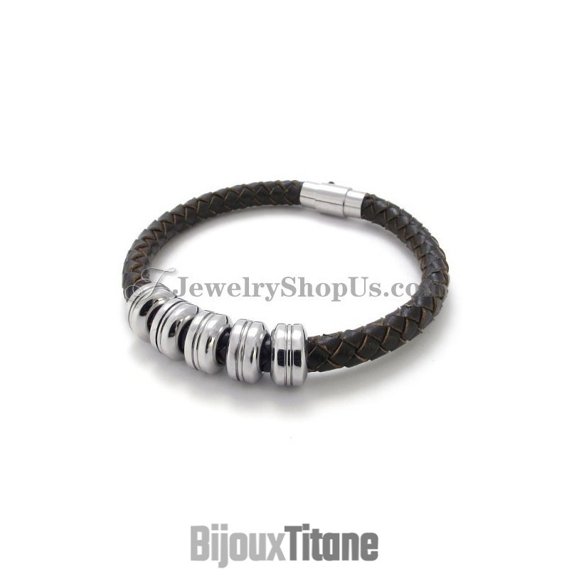 Bracelet Élégant En Cuir Noir Et Titane Bracelet Élégant En Cuir Noir Et Titane
