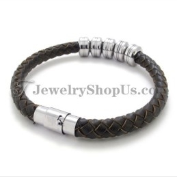 Bracelet Élégant En Cuir Noir Et Titane
