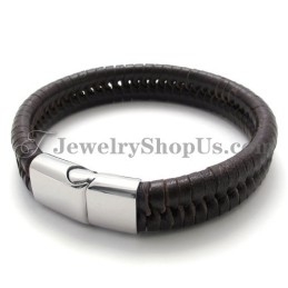Bracelet Élégant En Titane Marron Avec Cuir