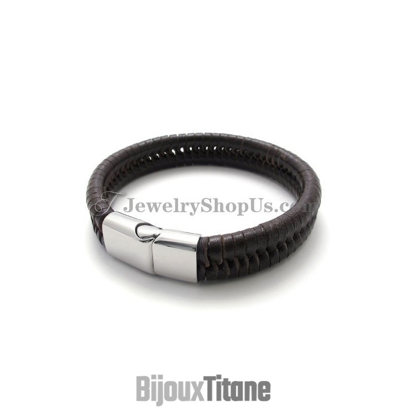 Bracelet Élégant En Titane Marron Avec Cuir