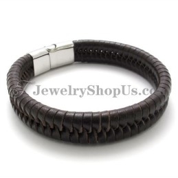 Bracelet Élégant En Titane Marron Avec Cuir