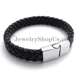 Élégant Bracelet En Titane Noir Avec Cuir