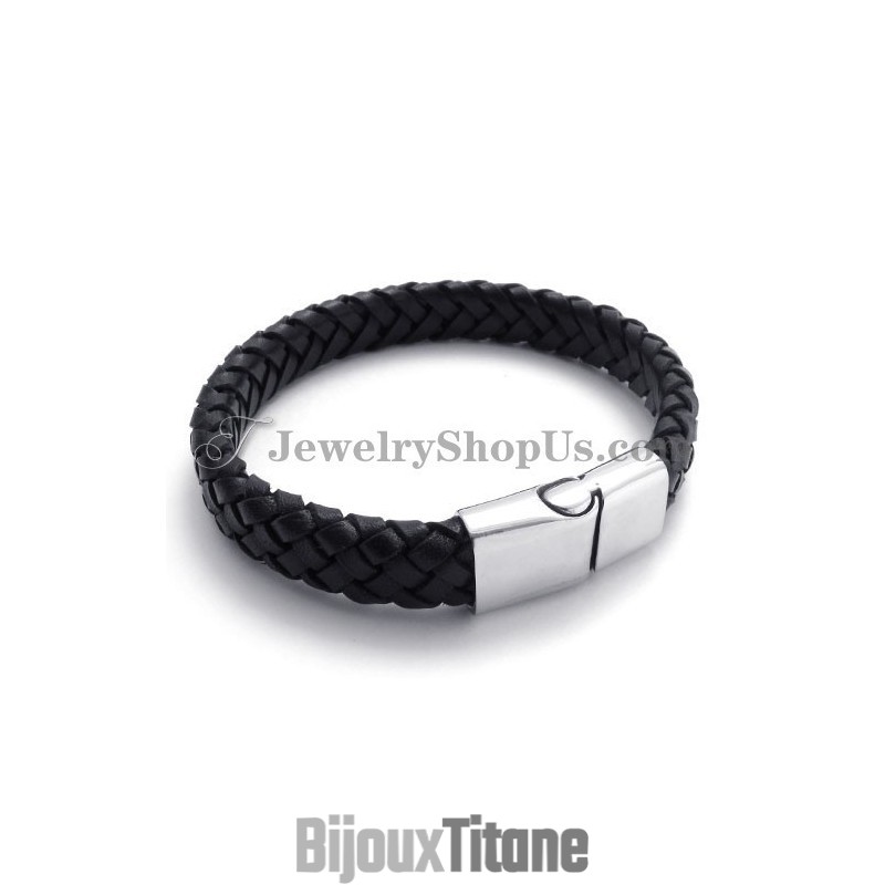 Élégant Bracelet En Titane Noir Avec Cuir Élégant Bracelet En Titane Noir Avec Cuir