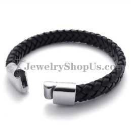 Élégant Bracelet En Titane Noir Avec Cuir