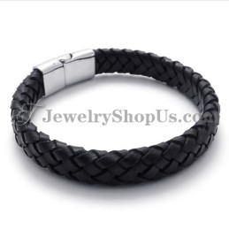 Élégant Bracelet En Titane Noir Avec Cuir