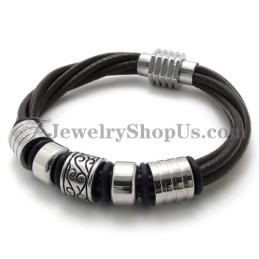 Bracelet Tendance En Cuir Marron Et Titane