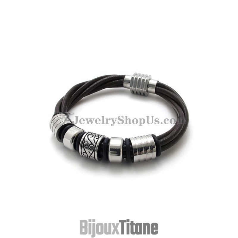 Bracelet Tendance En Cuir Marron Et Titane
