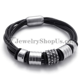 Élégant Bracelet En Cuir Noir Avec Titane