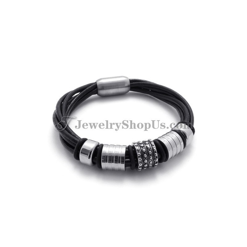 Élégant Bracelet En Cuir Noir Avec Titane Élégant Bracelet En Cuir Noir Avec Titane