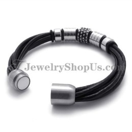 Élégant Bracelet En Cuir Noir Avec Titane