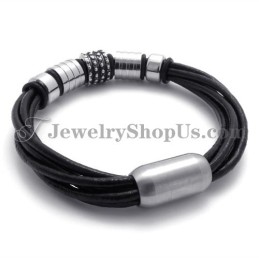 Élégant Bracelet En Cuir Noir Avec Titane