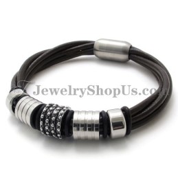 Bracelet Élégant En Cuir Marron Avec Titane