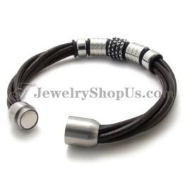 Bracelet Élégant En Cuir Marron Avec Titane
