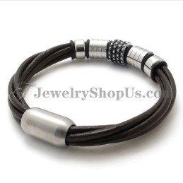 Bracelet Élégant En Cuir Marron Avec Titane