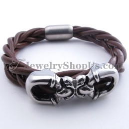 Bracelet Tendance En Cuir Marron Et Titane