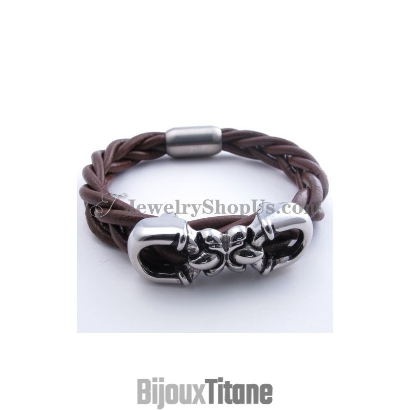 Bracelet Tendance En Cuir Marron Et Titane Bracelet Tendance En Cuir Marron Et Titane