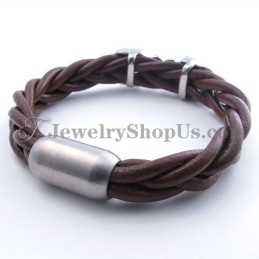 Bracelet Tendance En Cuir Marron Et Titane