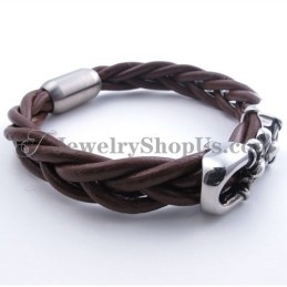 Bracelet Tendance En Cuir Marron Et Titane