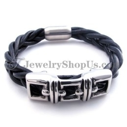 Bracelet Élégant En Cuir Titane Noir