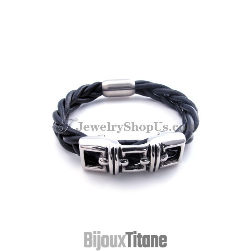 Bracelet Élégant En Cuir Titane Noir Bracelet Élégant En Cuir Titane Noir