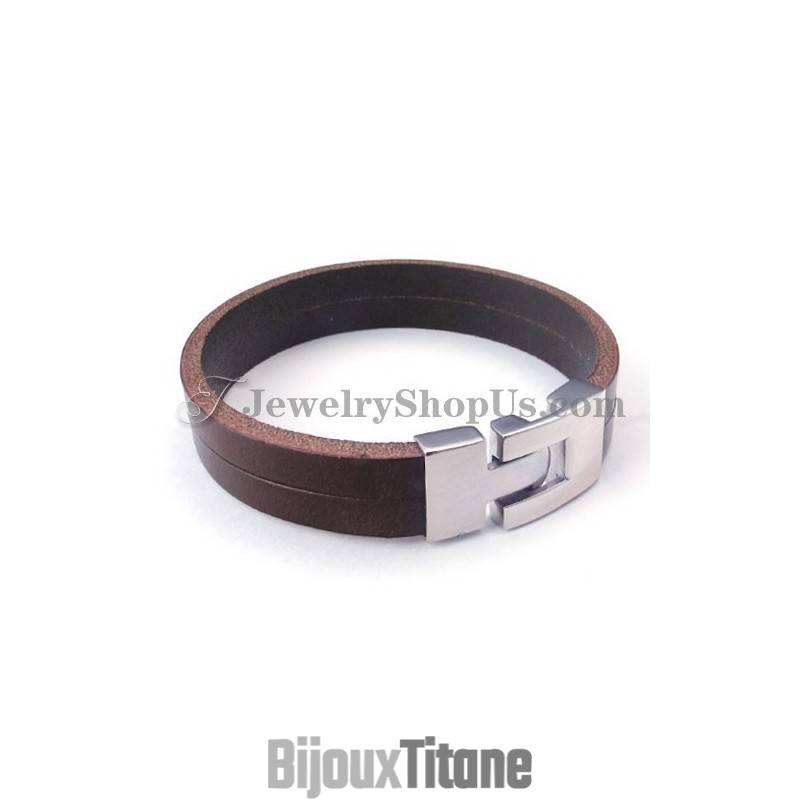 Bracelet Tendance En Cuir Marron Avec Titane Bracelet Tendance En Cuir Marron Avec Titane