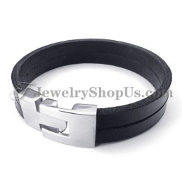 Bracelet Élégant En Cuir Noir Avec Titane