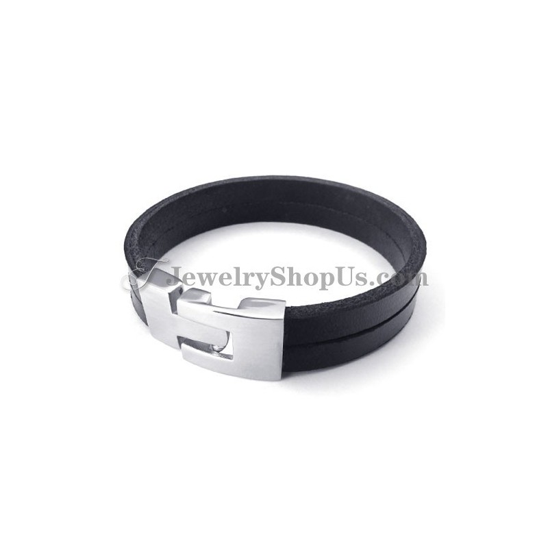 Bracelet Élégant En Cuir Noir Avec Titane Bracelet Élégant En Cuir Noir Avec Titane