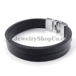 Bracelet Élégant En Cuir Noir Avec Titane