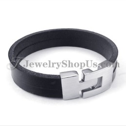 Bracelet Élégant En Cuir Noir Avec Titane