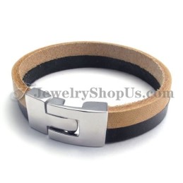 Bracelet Élégant En Cuir Noir Et Marron Avec Titane