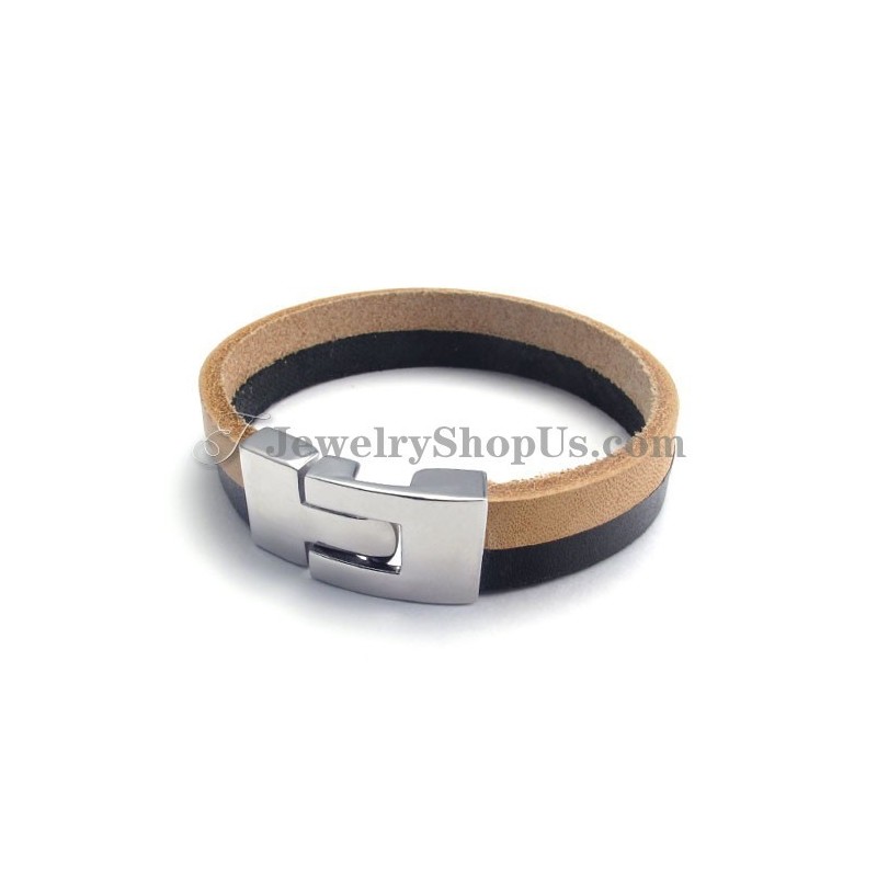 Bracelet Élégant En Cuir Noir Et Marron Avec Titane Bracelet Élégant En Cuir Noir Et Marron Avec Titane